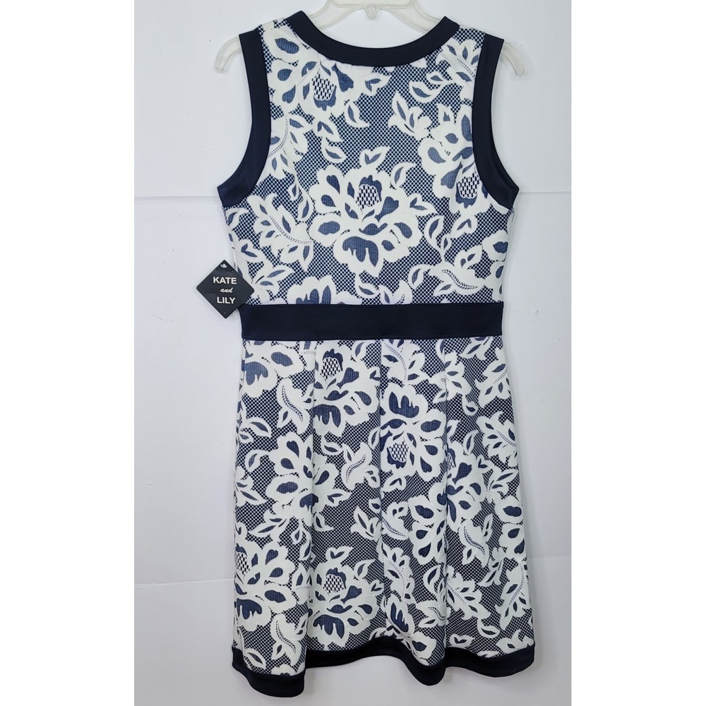 Kate and Lily Fit/Flare Lace Midi Dress Sleeveless 12 Navy White Floral Cottage - Picture 5 of 8